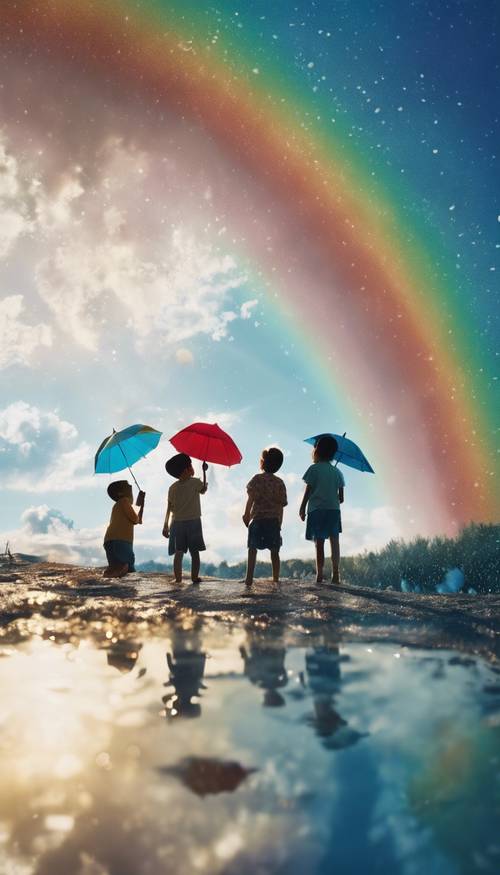 Um grupo de crianças brincando sob um arco-íris azul surreal que pinta o céu depois de uma chuva refrescante.