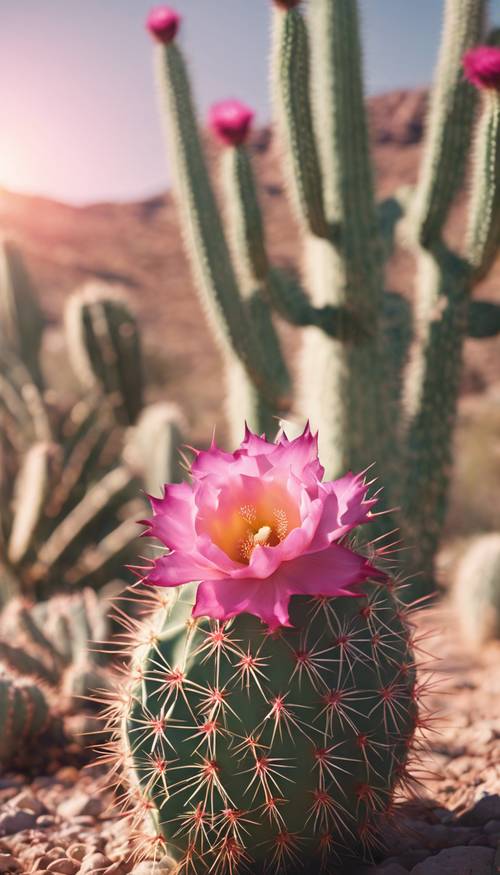 Редкий розовый кактус, цветущий под солнцем пустыни.