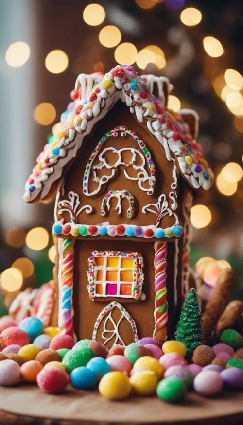 A gingerbread house creatively decorated with a rainbow of candy and frosting, the sweet aroma blending with the scent of pine from the Christmas tree in the background.