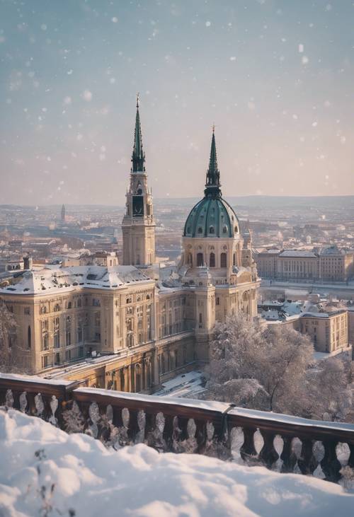 A snowy Budapest during winter with the iconic St. Stephen’s Basilica.