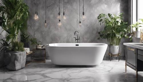 Un elegante baño de mármol gris con bañera independiente y plantas colgantes.