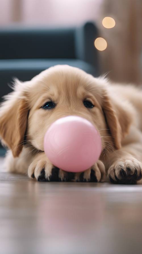 Um cachorrinho golden retriever brincando com uma bola rosa bebê dentro de casa.