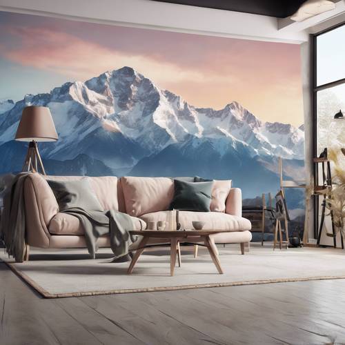 Gün doğumunda karla kaplı dağ silsilesini gösteren, yumuşak pastellerle yapılmış büyük bir duvar resmi.