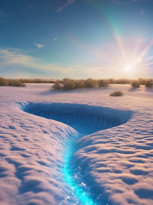 A breathtaking view of an undulating blue plain with a rainbow arcing across the sky.