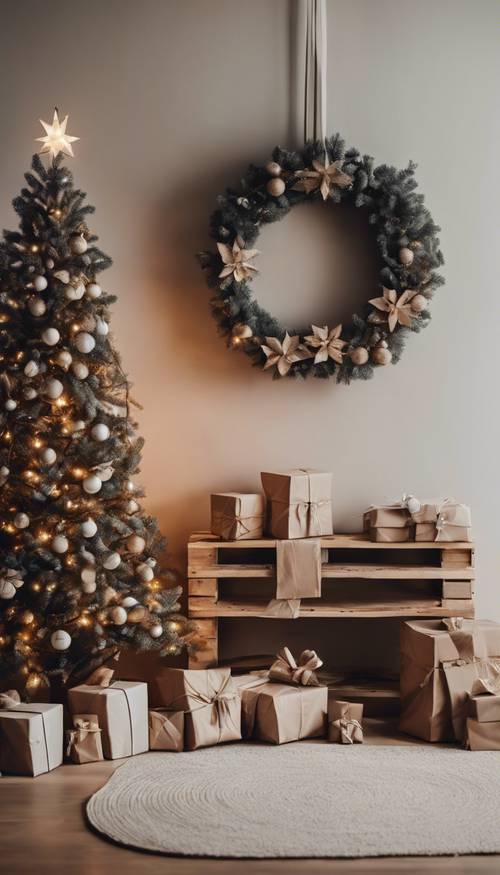 A minimalist Christmas interior with a modest tree decorated with only white lights, a pallet of wrapped gifts in earth tone papers under it, and a simple yet elegant wreath on the wall.