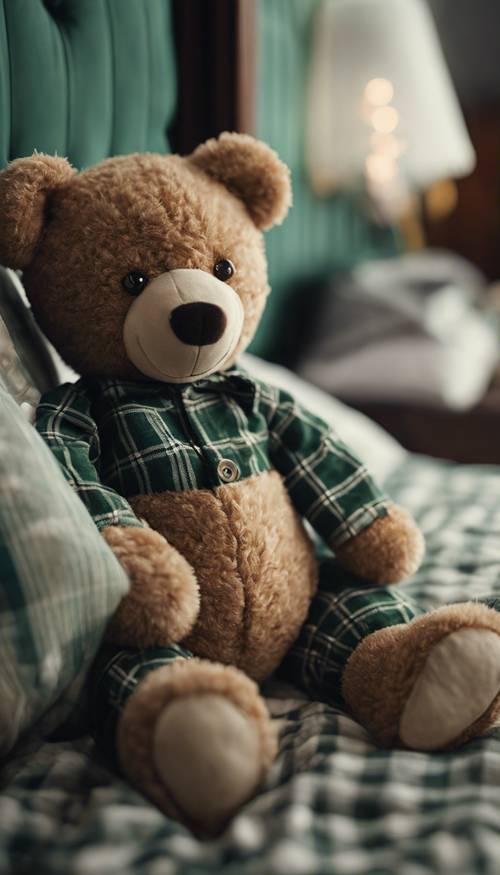 A dark green plaid teddy bear sitting on a child's bed.