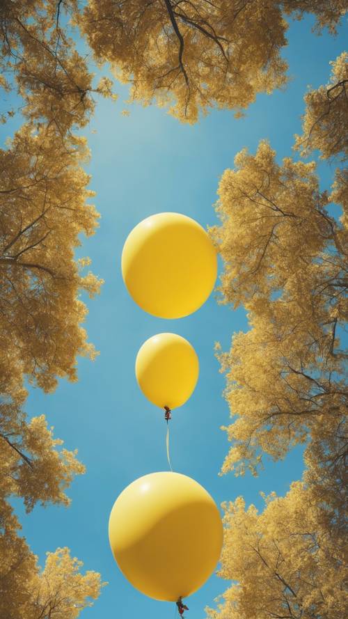 Ein fröhlicher gelber Ballon, der hoch in den wolkenlosen blauen Himmel schwebt.