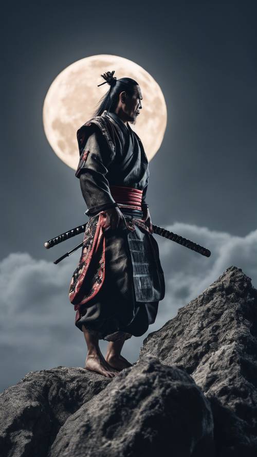 Un samurai dignitoso in piedi su una scogliera rocciosa sotto la luna piena