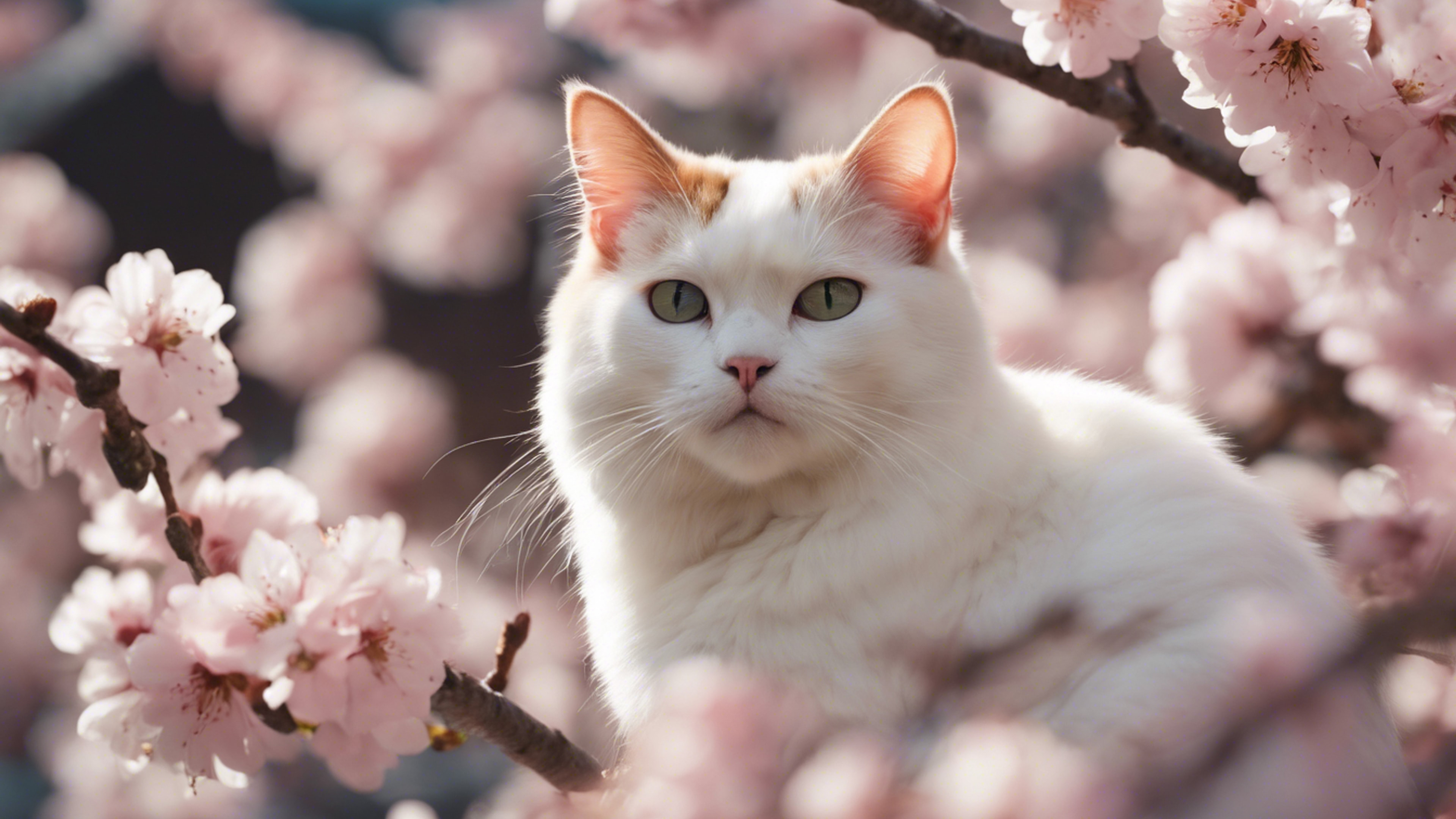 A Japanese Bobtail cat meditating under a cherry blossom tree at the peak of its bloom. Wallpaper[62820546f818474783c1]