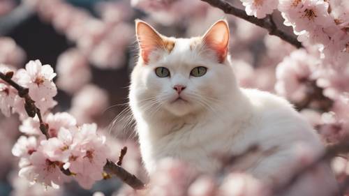 قطة يابانية قصيرة الذيل تتأمل تحت شجرة أزهار الكرز في ذروة إزهارها.