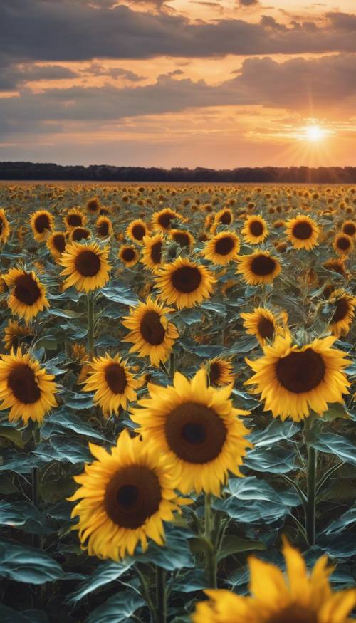 A field of metallic sunflowers glittering under the dusk sky. Tapet [bfc02c18231c476b93ad]