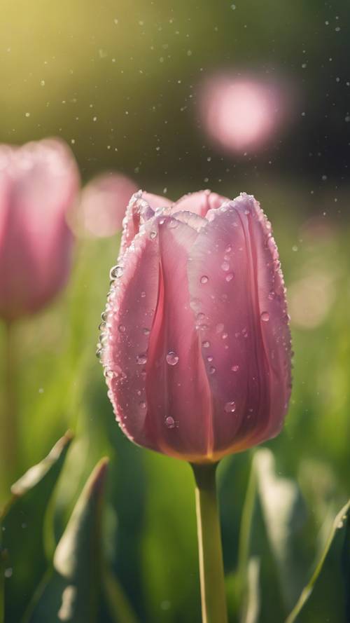 在鬱鬱蔥蔥的綠草背景下，一朵沾滿露水的粉紅色鬱金香的特寫。