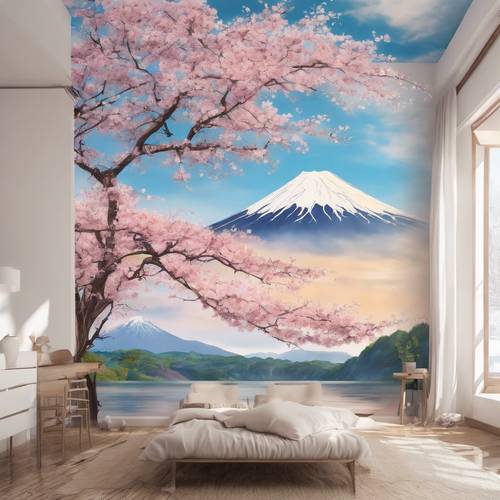 A water-colored mural showing a Japanese Sakura tree in full bloom, with Mount Fuji in the background.