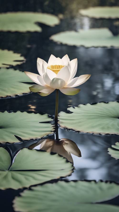 Um lago refletivo e parado com uma citação branca aparecendo na abertura da flor de lótus.