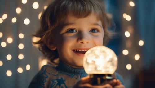 Zdjęcie twarzy dziecka rozświetlonej radością na widok małej świecącej niebieskiej lampki w kształcie gwiazdy.