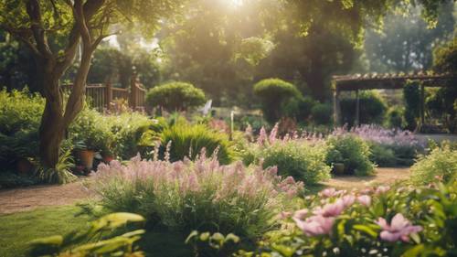 Una imagen pacífica de un jardín tranquilo en un día soleado, con una cita motivacional incorporada en el diseño de la naturaleza.