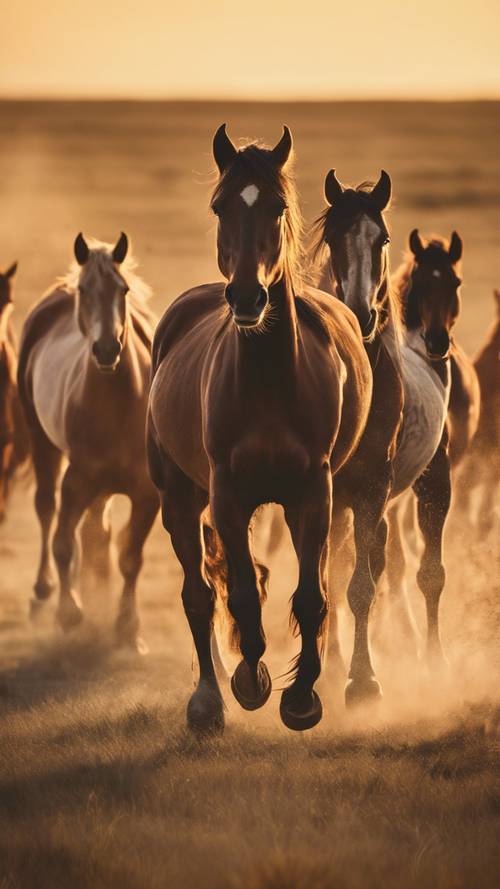夕日の草原を駆ける野生の馬群、遠くから見つめる乗馬愛好家