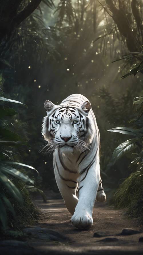 一只冷酷的白虎，有着银色的条纹，在月光下的丛林中大步前进。