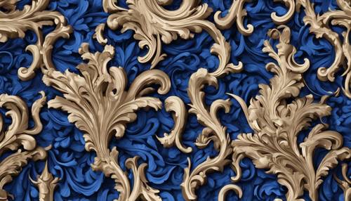 A set of royal blue baroque swirls forming an elegant repetitive pattern.