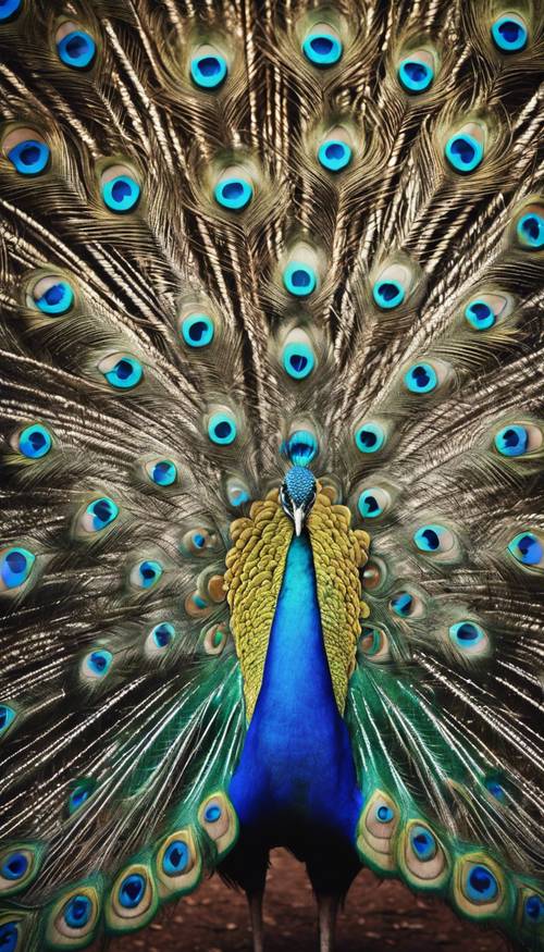 Un majestuoso pavo real azul extendiendo espectacularmente las extravagantes plumas de su cola.