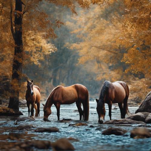 A group of wild Brumby horses quenching their thirst from a clear blue stream in a forest blanketed with autumn foliage.