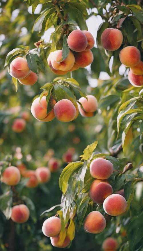 A field of peaches grown in hanging baskets, blooming with exotic multicolored flowers.