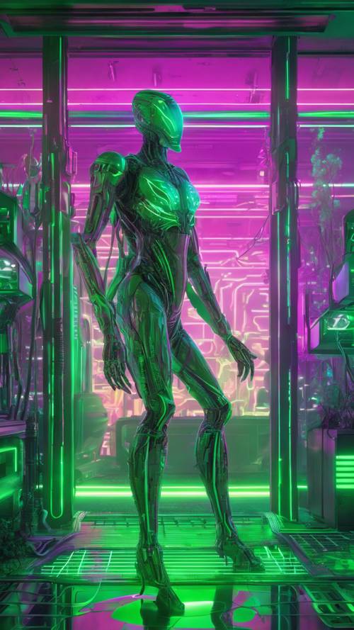 Un futuristico organismo cibernetico verde in piedi in una cyber lounge contaminata dal verde.