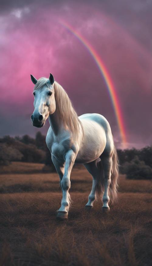 Scene featuring solitary unicorn illuminated by a black rainbow. Tapet [addf8ce85289413c9982]
