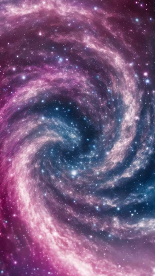 Un vasto vortice di galassia stellata, composto da toni magenta, blu e bianco tenue.