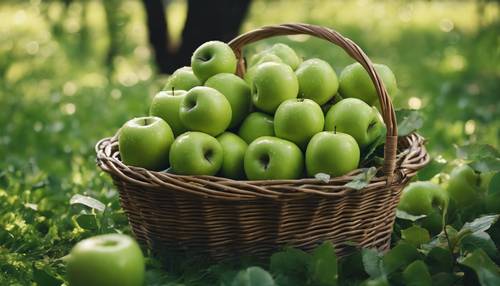Una canasta llena de lindas manzanas verdes, todavía húmedas por el rocío de la mañana, bajo la sombra moteada de un manzano en plena floración.