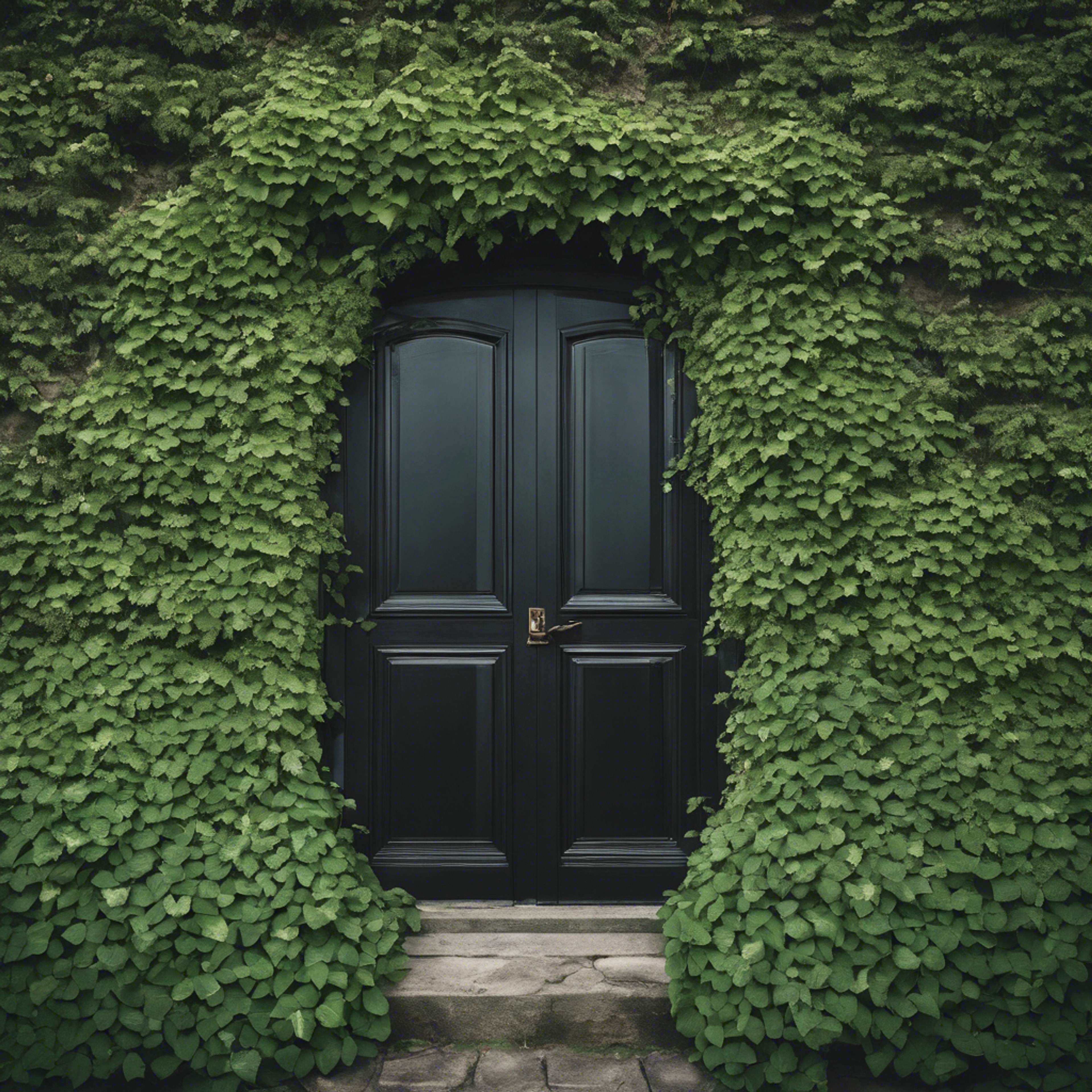 A mysterious black door in a wall covered with creeping green ivy. Wallpaper[61be015d040249eba509]