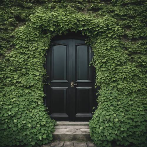 Uma misteriosa porta preta em uma parede coberta de hera verde rasteira.