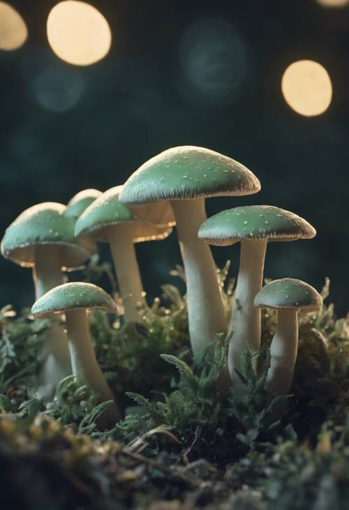 一排排鼠尾草綠色蘑菇在柔和的月光下閃閃發光