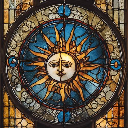 中世纪城堡的彩色玻璃窗上描绘的太阳和月亮符号。