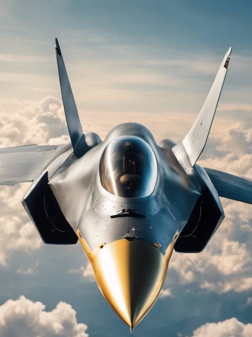 Un elegante avión de combate gris con símbolos dorados, elevándose en los cielos azules.