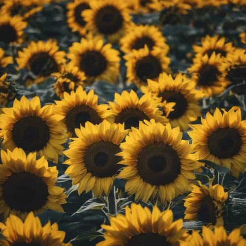A single black sunflower standing out among many bright yellow ones.