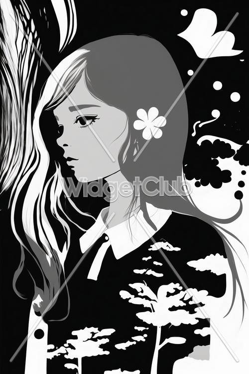 花を髪に飾った女の子: 白黒アート