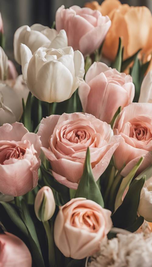 Rosas, tulipas e lírios combinam-se em uma exposição floral contemporânea em um cenário claro e arejado.