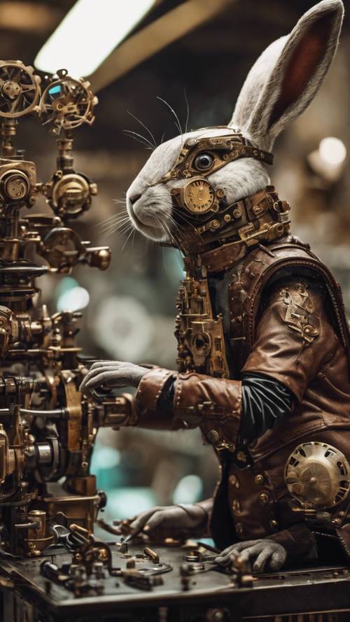 A steampunk-style rabbit operating intricate machinery.