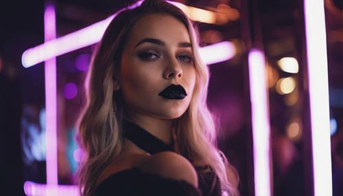 一位時尚的年輕女子在黑暗的俱樂部裡塗著霓虹黑色口紅。