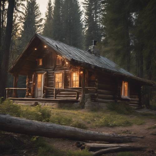 Una cabaña rústica en el bosque, con luz que entra por las ventanas creando un aura suave y acogedora.
