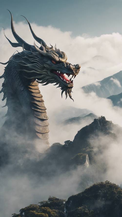 A Japanese dragon disappearing into the mist over a mountain peak.