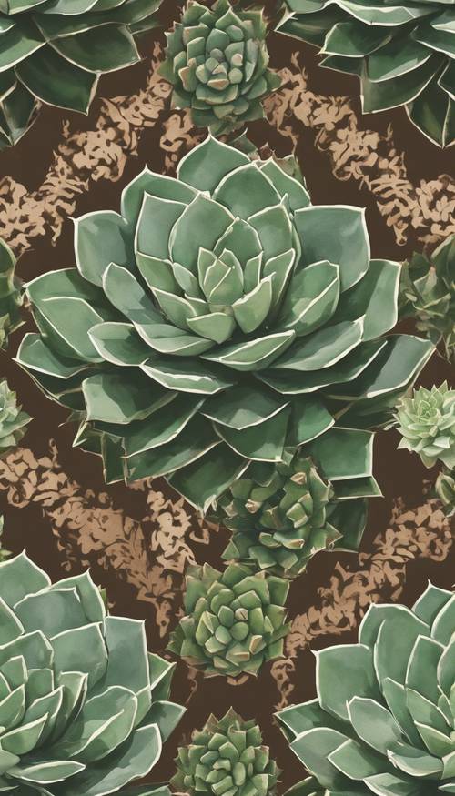 Desain damask abstrak yang menampilkan sukulen dan kaktus dengan corak hijau dan coklat.