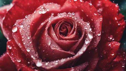 A modern painting of morning dew on the petals of a red rose.