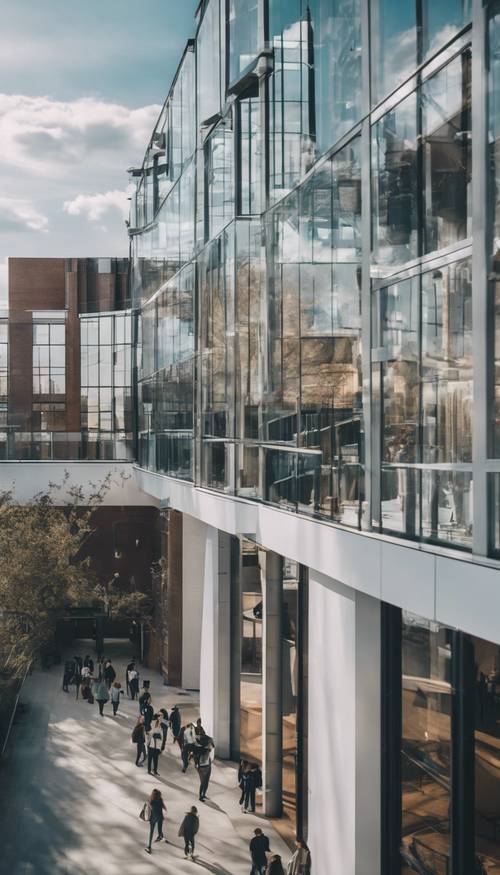 Un moderno college cristiano con un&#39;elegante architettura in vetro e acciaio, pieno di studenti.