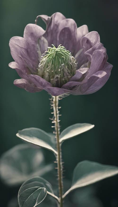 An elegant blooming flower in unique sage green color set against a contrasting dark background.
