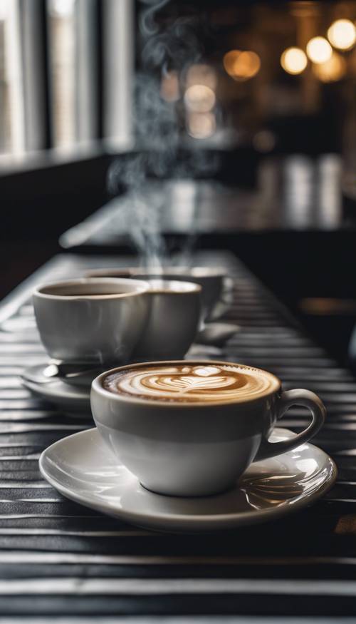 Una taza de café humeante sobre una mesa de cafetería a rayas negras.
