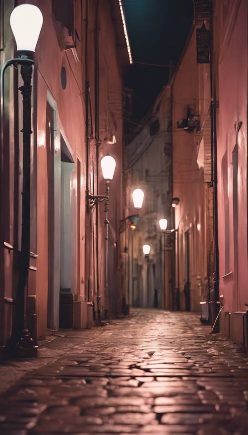 Lâmpadas de rua brilhantes iluminando um beco em tons pastéis da cidade à noite.