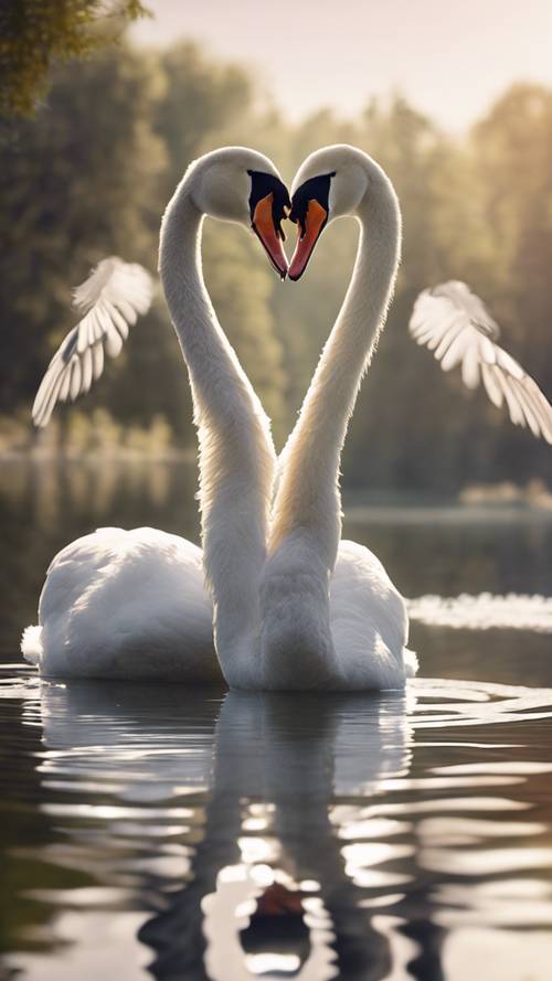Um par de cisnes formando um coração com o pescoço em um lago tranquilo.