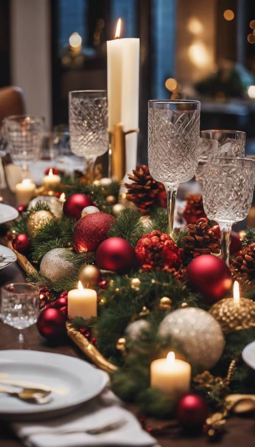 Uma mesa de jantar lindamente decorada com um centro de mesa festivo para uma festa de Natal. Papel de parede [31c46b84476f4d4499f3]